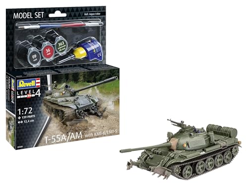 Revell Modellbausatz T-55A/AM mit KMT-6/EMT-5 | Hoch detaillierter Bausatz des weltweit am häufigsten produzierten Kampfpanzer | Mit Minenräum-Ausrüstung | Inkl. Kleber und Pinsel von Revell