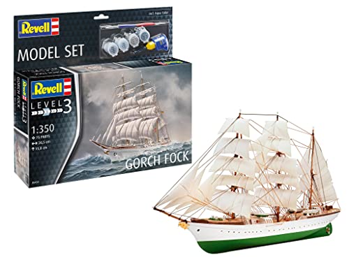 Revell Modellset 65432 Gorch Fock 1:350 Ungebaut/unlackierter Plastikmodellbausatz mit Contacta Profi-Kleber, Pinsel und ausgewählten Aqua-Farben von Revell