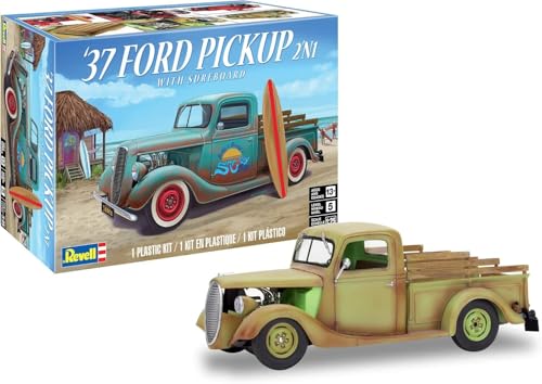 Revell USA Modellbausatz I 37 Ford Pickup mit Surfbrett 2N1 I Detailliertes Modell im Maßstab 1:25 I 162 Teile I Herausfordernder Bausatz für fortgeschrittene Modellbauer ab 14 Jahren I Mit V8 von Revell