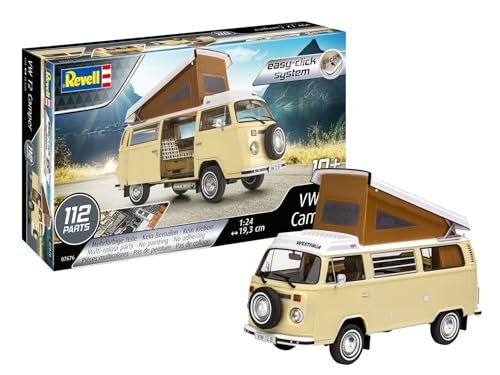 Revell 07676 VW T2 Camper Volkswagen Fahrzeug Modellbausatz für Einsteiger mit dem Easy-Click-System, farbige Bauteile, unlackiert, 1:24 von Revell