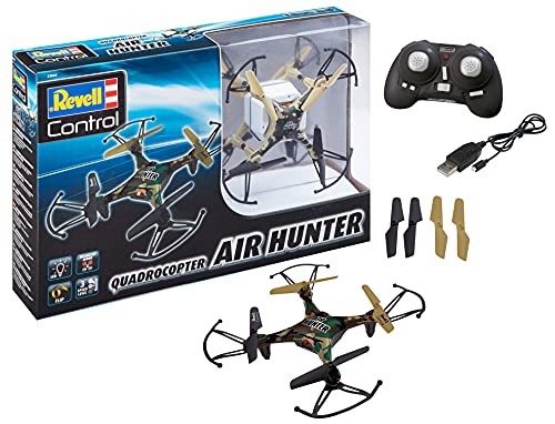 Revell Control 23860 RC Quadcopter Air Hunter, 2.4GHz, Akku, Flip-Funktion, Rotorschutz, LED, Headless-Mode, Geschwindigkeitsstufen, ferngesteuerter Quadrokopter, Camouflage-Design, 15,5 cm bunt von Revell Control