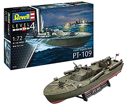 Revell Modellbausatz PT-109 Schnellboot - Bekannter Kommandant John F Kennedy - Detailreiche Nachbildung mit zwei Rümpfen und 37 mm Pak - Vielseitige Optionen mit Displayständer und Bemalungsvarianten von Revell