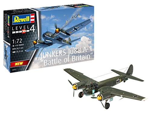 Revell 04972 Junkers Ju88 A-1 Battle of Britain, Flugzeugmodellbausatz 1:72, 20,1 cm originalgetreuer Modellbausatz für Fortgeschrittene, unlackiert von Revell