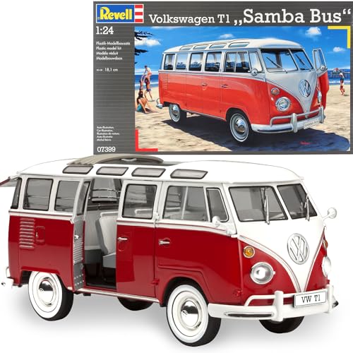 Revell 07399 Volkswagen VW T1 Samba Bus, Maßstab 1:24, 18,1cm originalgetreuer Modellbausatz für Fortgeschrittene, Automodell, Rot/Weiß von Revell