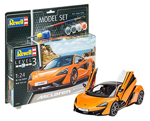 Revell 67051 Model Set McLaren 570S, Automodellbausatz 1:25, 19,0cm Spielzeug originalgetreuer Modellbausatz für Einsteiger, mit Basis-Zubehör, unlackiert von Revell