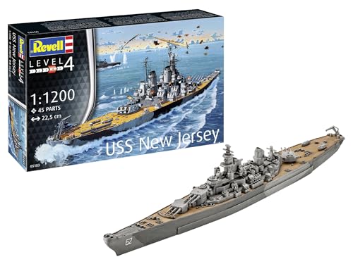 Revell 5183 Modellbau Amerikanische Model Set USS New Jersey im Maßstab 1:1200 I 45 Teile I Bastelset ab 12 Jahren I Detailgetreues Modell I Historisches Schiff I Modellbausatz, Geformte Farbe von Revell