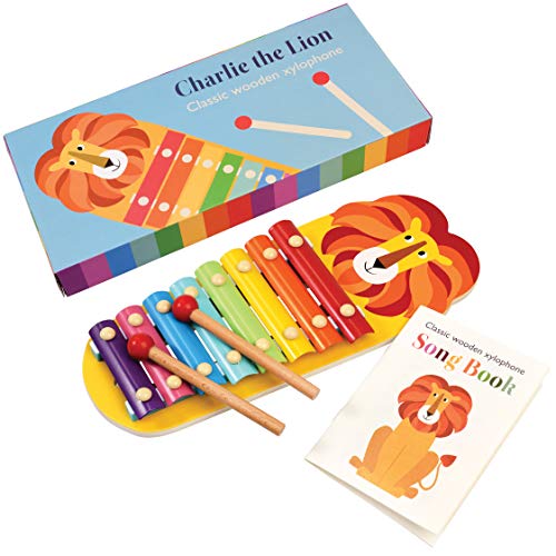 Holzspielzeug Musikinstrument Xylophon Charlie The Lion aus Regenbogenfarben und mit Liederbuch von Rex London