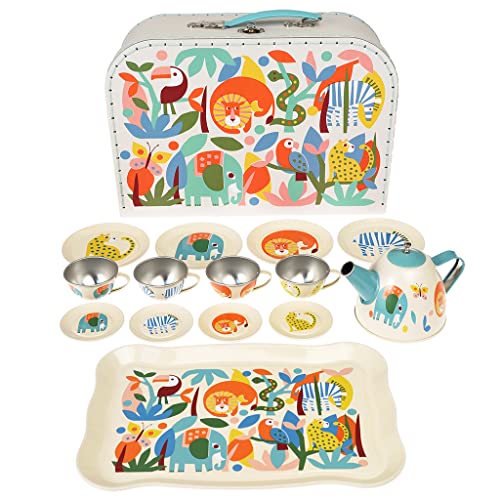 Rex London Kinder Teeservice Set aus Metall (14 Teile) & Tragekoffer mit den Tiermotiven “Wild Wonders“ von Rex London