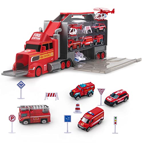 Rhybor Feuerwehrauto Groß Truck Autotransporter LKW Spielzeug 5 Mini Metall Auto Spielzeugset Feuerwehr Autos Spielzeug ab 2 3 4 5 Jahr Kinder von Rhybor