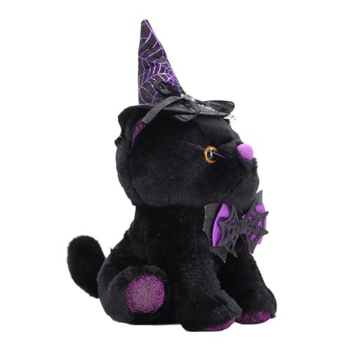 RiToEasysports Katzenpuppe, Halloween-Katze, Stofftier, Stoffkatze, Puppendekoration, Puppendekoration mit Hut für Festival, Party, Zuhause (Schwarze Katze und violettschwarzer Hut) von RiToEasysports