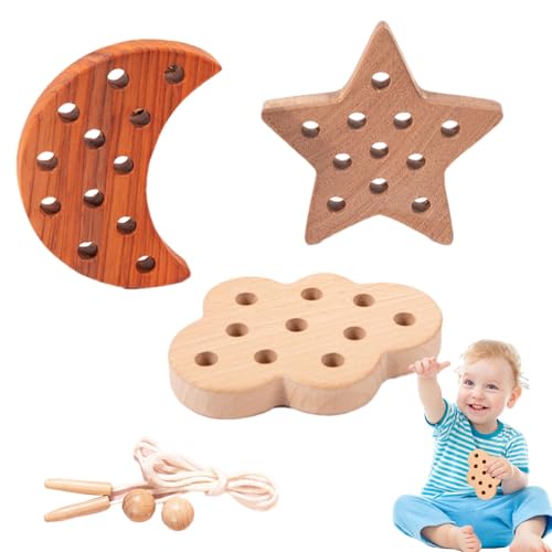 Riaisttd Lacing Puzzle Toy, Set of 3 Threading Activity Puzzles, Wooden Shape Lacing Toys, Educational Threading Activity, Fine Motor Skills Puzzle, Kids Lacing Puzzle Set, Threading Toy for von Riaisttd