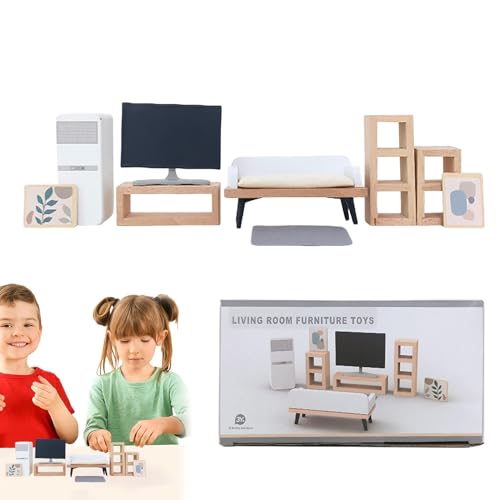 Wooden Doll Furniture Set, Miniature Furniture for Pretend Play, Tiny Kitchen, Living Room, Bedroom Furniture for Kids, Toddler Boys and Girls 3+, Simulation Furniture Set for Creative Play von Riaisttd