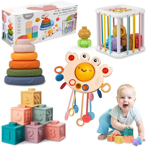 Richday Montessori Spielzeug für 3-6-12-18Monate Stapeln Baublöcke Sensorischer Korb Beißspielzeug Geschenke Baby Sensory Bin Shape Sorter Toys Bunter Würfel,Lernspielzeug für Kleinkinder. von Richday