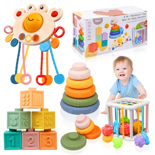 Richday Montessori Spielzeug für 6 Monate,4 in 1 Montessori Sensorischer Korb Beißspielzeug Baby Spielzeug Stapeln Baublöcke Geschenke Baby Sensory Bin Shape Sorter Toys Bunter Würfel von Richday