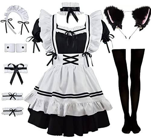 Rickem Damen Anime Cosplay Französisch Schwarz Weiß Schleife Schürze Kleid Halloween Make-up Kostüm 8-teiliges Set, Schwarz, 4XL von Rickem