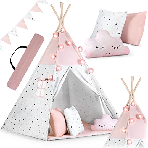 NUKIDO Kindertipi im Montessori-Stil Baumwolle und Holzrahmen mit Isoliermatte 3 Kissen Girlande Luftig Rosa von Nukido