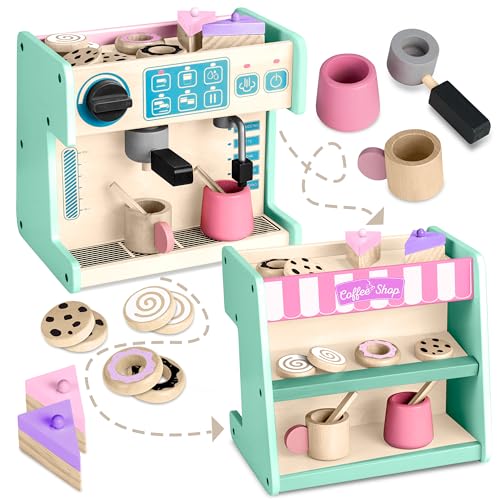 Ricokids Holzkaffeemaschine Café Patisserie - Holzspielzeug 2in1 Kompakt - Holzspielzeug für Kleinkinder, Spielküche, Zubehör - Geschenk für Jungen und Mädchen - Minze - 26 x 18,5 x 24 cm von Ricokids