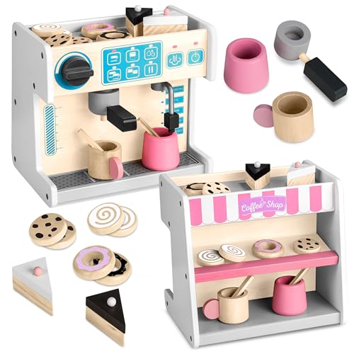 Ricokids Holzkaffeemaschine Café Patisserie - Holzspielzeug 2in1 Kompakt - Holzspielzeug für Kleinkinder, Spielküche, Zubehör - Geschenk für Jungen und Mädchen - Weiß - 26 x 18,5 x 24 cm von Ricokids