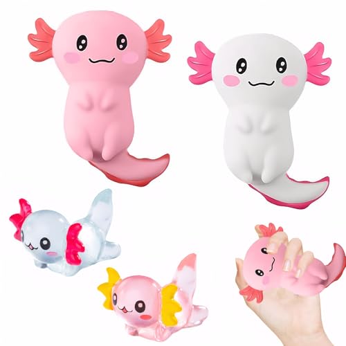 Glitzer Axolotl Squeeze Toys, 4 PCS Axolotl Sugar Squeeze,Squishy Sensorische Stress Axolotl Spielzeug für Kinder und Erwachsene(Rot, Weiß, Blau, Rosa) von Rienan