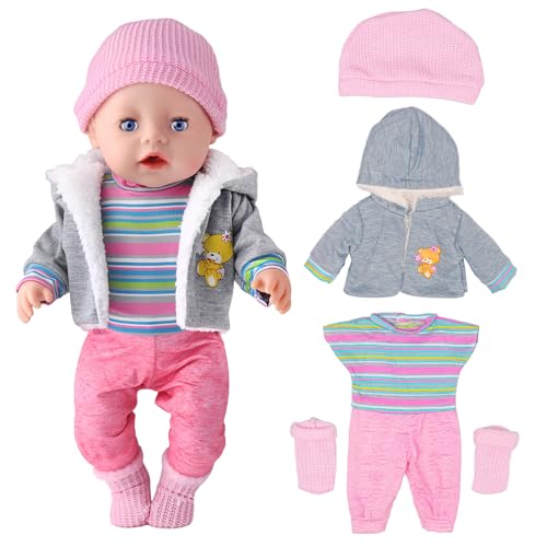 Puppenkleidung 43 cm Hellgrau Kleidung,Puppenkleidung für Baby Puppen,mit Mantel Bluse Hosen Hut und Socken,Passende Geburtstagsgeschenke für Jungen und Mädchen von Rienan