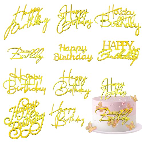 Rierousy 10 Stück Happy Birthday Tortendeko, Tortendeko Geburtstag, Acryl Kuchen Deko Geburtstag, Happy Birthday Cake Topper Gold für Kinder Cupcake Erwachsene Birthday von Rierousy