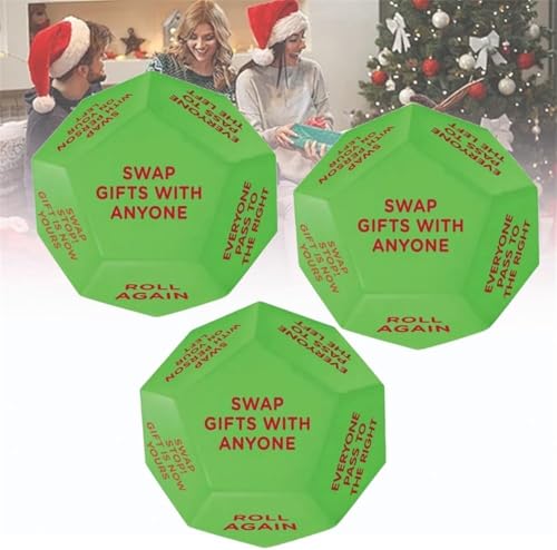 Santa Swap Gift Exchange Dice,New Exchange Dice Game,Christmas Party Gift Exchange Dice Game,12 Sides 3 * 3 * 3in High-Density Food-Grade Pu Material Food Dice,Christmas Party Games for Group (3 Pcs) von Rietoiu