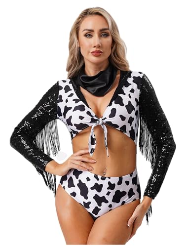 Riismen Damen Western Cowgirl Kostüm Kuh Muster Patchwork Body mit Quasten Pailletten Langarm Bodysuit Cut Out Catsuit Halloween Fasching Kostüm Schwarz L Riismen Damen Western Cowgirl Kostüm Kuh Muster Patchwork Body mit Quasten Pailletten Langarm Bodysuit Cut Out Catsuit Halloween Fasching Kostüm Schwarz L von Riismen