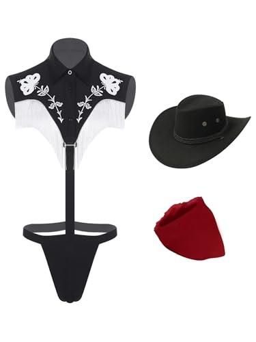 Riismen Herren Western Cowboy Kostüm Set Ärmellose T-back-bodysuit mit Mütze und Bandana Halloween Faschingskostüm Clubwear Schwarz XL Riismen Herren Western Cowboy Kostüm Set Ärmellose T-back-bodysuit mit Mütze und Bandana Halloween Faschingskostüm Clubwear Schwarz XL von Riismen