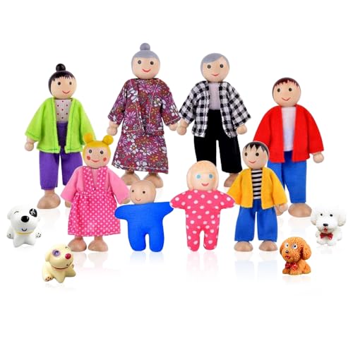 Riisoyu 12 Stück Puppenhaus Puppenfamilie Set, Holz Puppenhaus Puppen Spielset Biegepuppen Kinder Spiel Haus Puppenhaus Zubehör Spielzeug Geschenk von Riisoyu