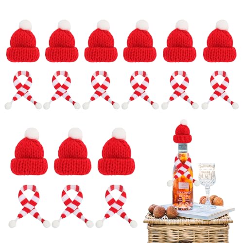 Riisoyu 20 Stück Mini Weihnachtsmütze, Mini Weihnachtsmütze und Schal Set Nikolausmütze Klein Weinflasche Topper Hut für Weihnachten Weinflasche Abdeckung Puppenhaus Weihnachtsfeiern DIY Tischdeko von Riisoyu