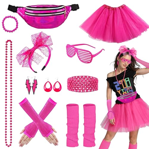 Riisoyu 80er Jahre Outfit Damen, 11 Stück 80 Jahre Kostüm Zubehör Set Neon 80er Jahre Kleidung Mädchen mit Tutu Stirnband Ohrring Halskette Netzhandschuhe für Thema Party Karneval Accessoires Frauen von Riisoyu