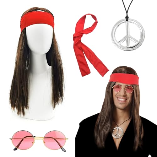 Riisoyu Hippie Kostüm Set, 70er Jahre Outfit Herren Perücke Sonnenbrille Peace Halskette Anhänger Stirnband Damen Jahre Bekleidung Männer Karneval Fasching für 70er 80er Mottoparty Karneval Halloween von Riisoyu