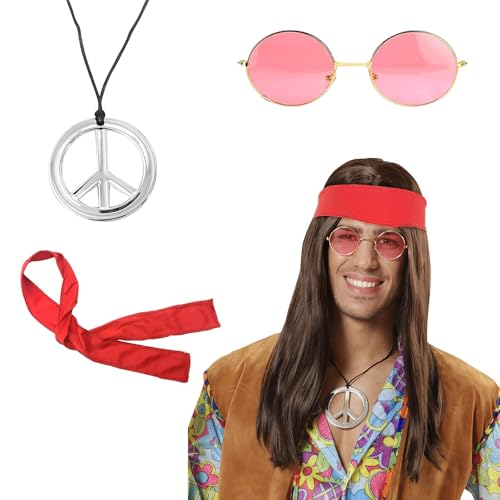 Riisoyu Hippie Kostüm Set, 70er Jahre Outfit Herren Perücke Sonnenbrille Peace Halskette Anhänger Stirnband Damen Jahre Bekleidung Männer Karneval Fasching für 70er 80er Mottoparty Karneval Halloween von Riisoyu