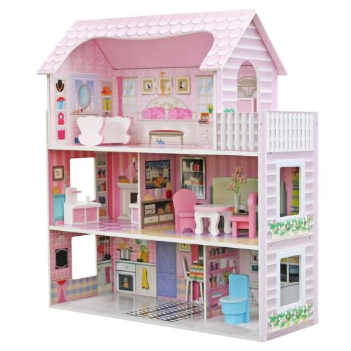 Rijoka Puppenhaus aus Holz mit Möbeln 8st | 3 Etagen Classic Rosa | 62x27x70cm von Rijoka