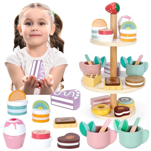 RILSO Geschenke Mädchen Junge 2 3 4 5 6 Jahre Geburtstag,Spielküche Kinderküche Zubehör Holz Spielzeug ab 2 3 4 Jahre,Tee Set Teeservice Kinder Holz Rollenspiel Kinder Spielzeug Mädchen 2-4-6-8 Jahre von Rilso