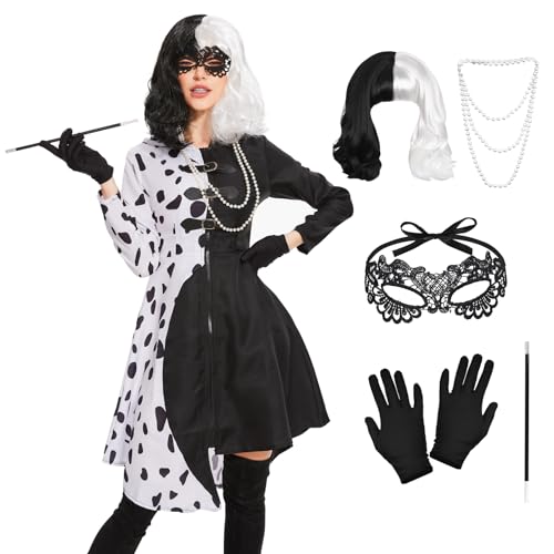 6 Stück Cruella Kostüm Damen Set, Cruella Devil Kostüm Damen mit Perücke Spitze Maske Handschuhe Perlenkette und Lange Stange, Schwarz Weißes Dalmatiner Kleid für Karneval Cosplay Party Fasching (XL) von Risingor