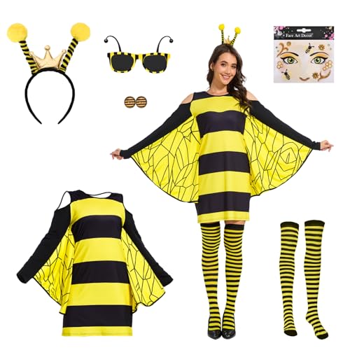 RISINGOR Bienen Kostüme für Erwachsene, Hummel BienenKostüm Damen mit Haarband Sonnenbrille Aufkleber Ohrstecker Socken Gelbes Honigbienenkleid Bienen Faschingskostüme für Karneval Cosplay Party (XXL) von Risingor