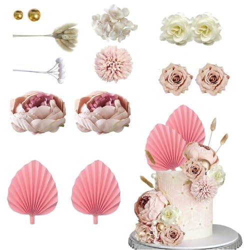 Risipu 14 Stück Boho-Kuchendekorationen – elegante Blumendekoration für böhmische Hochzeiten, Geburtstage und Feiern (khaki) von Risipu