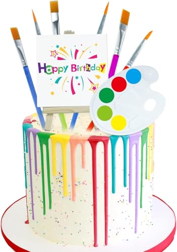 Malerei Kuchen Topper Kunst Farbe Kuchen Topper Farbe Pinsel Leinwände Palette Kuchen Cupcake Topper mit Mini Leinwand Staffelei Graffiti Künstler Themed Kuchen Dekor für Mädchen Junge Kunst Geburtsta von Rismise