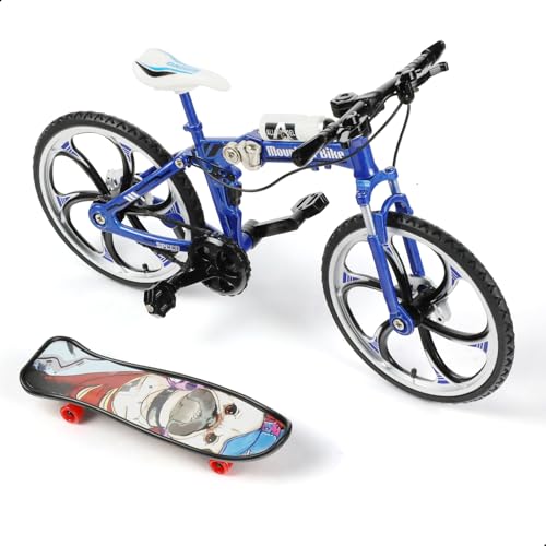 RISOPEN 1:8 Maßstab Fingerfahrrad Modellspielzeug, Mini-Fahrrad Modell zur Heimdekoration, Druckguss-Metall Blau Fahrrad Ornament mit Fingerskateboard Spielzeug Kit für Kinder & Erwachsene. von Risopen