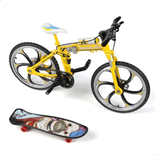 RISOPEN 1:8 Maßstab Fingerfahrrad Modellspielzeug, Mini-Fahrrad Modell zur Heimdekoration, Druckguss-Metall Gelb Fahrrad Ornament mit Fingerskateboard Spielzeug Kit für Kinder & Erwachsene. von Risopen