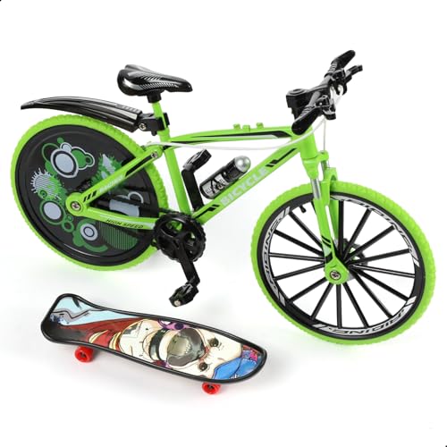 RISOPEN 1:8 Maßstab Fingerfahrrad Modellspielzeug, Mini-Fahrrad Modell zur Heimdekoration, Druckguss-Metall Grün Fahrrad Ornament mit Fingerskateboard Spielzeug Kit für Kinder & Erwachsene. von Risopen