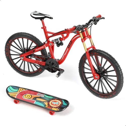 RISOPEN 1:8 Maßstab Fingerfahrrad Modellspielzeug, Mini-Fahrrad Modell zur Heimdekoration, Druckguss-Metall Rot Fahrrad Ornament mit Fingerskateboard Spielzeug Kit für Kinder & Erwachsene. von Risopen