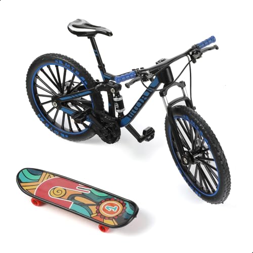 Risopen 1:8 Maßstab Fingerfahrrad Modellspielzeug, Mini-Fahrrad Modell zur Heimdekoration, Druckguss-Metall Blau Fahrrad Ornament mit Fingerskateboard Spielzeug Kit für Kinder & Erwachsene. von Risopen