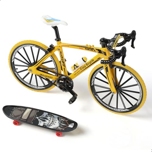 Risopen 1:8 Maßstab Fingerfahrrad Modellspielzeug, Mini-Fahrrad Modell zur Heimdekoration, Druckguss-Metall Gelb Fahrrad Ornament mit Fingerskateboard Spielzeug Kit für Kinder & Erwachsene. von Risopen