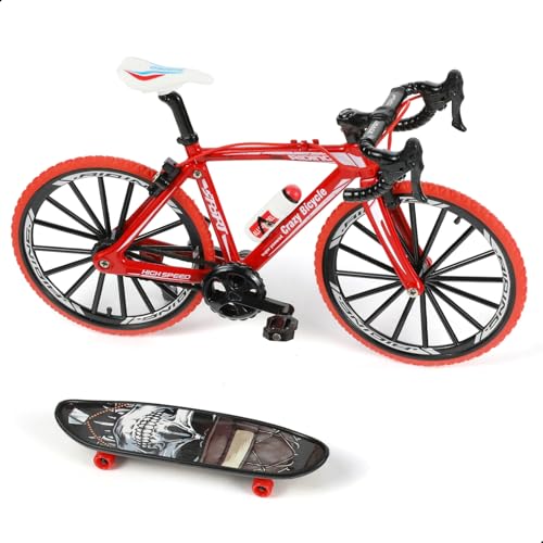 Risopen 1:8 Maßstab Fingerfahrrad Modellspielzeug, Mini-Fahrrad Modell zur Heimdekoration, Druckguss-Metall Rot Fahrrad Ornament mit Fingerskateboard Spielzeug Kit für Kinder & Erwachsene. von Risopen