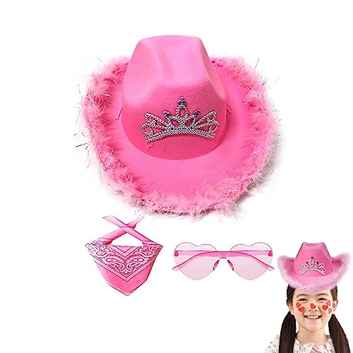 Ristyur Cowboyhut für Damen, Filzfeder, Cowgirl-Hut, Western-Cowgirl-Hüte und Halstuch, herzförmige Sonnenbrille, Zubehör, breite Krempe, Krone, Cowboyhut für Fasching, Cosplay von Ristyur