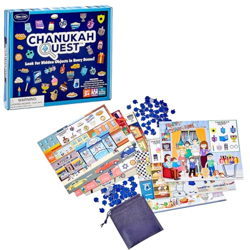 Rite Lite Chanukkah Quest Brettspiel, jüdisches Urlaubsspiel, lustiges und lehrreiches Chanukah-Schnitzeljagd, enthält 6 malerische Bretter, 100 Dreidel-Chips und Aufbewahrungstasche, 1–6 Spieler, von Rite Lite