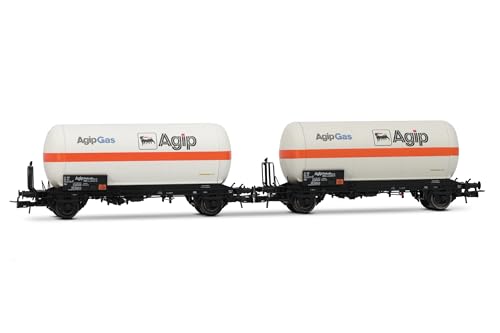 Rivarossi HR6620 FS, 2-Einheiten-Pack 2-Achs-Gastankwagen, weiß mit orangefarbenem Streifen, Agipgas, ep.IV Rolling Stock - Wagons von Rivarossi