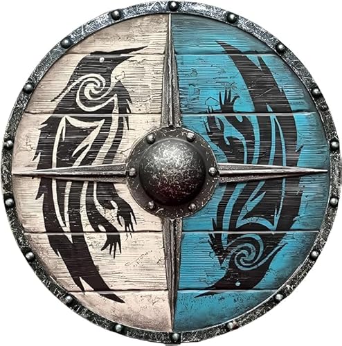 Riylox Handgefertigtes 61 cm großes Holzschild "Eivor Valhalla Raven Shield" – nordischer Wikinger Wanddekor Sturmschild – Wikingerschwert und Schild, mittelalterliche Kriegsspiele Zubehör von Riylox